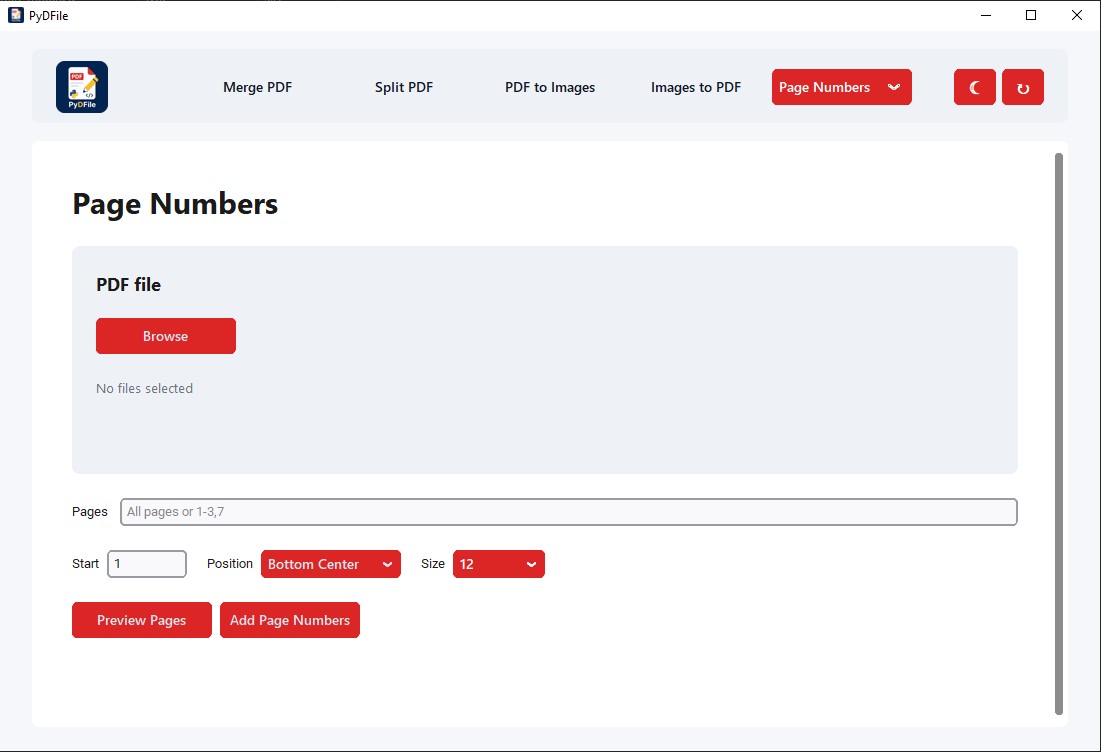 PyDFile page numbering tool
